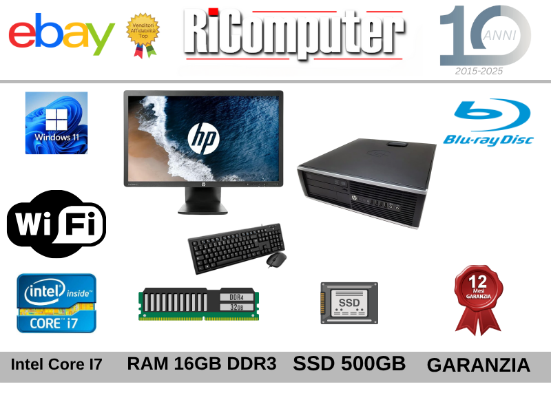 Postazione Pc I7 Ram 16GB SSD 500GB Monitor 23 Mouse e Tastiera  Blu Ray Win 11