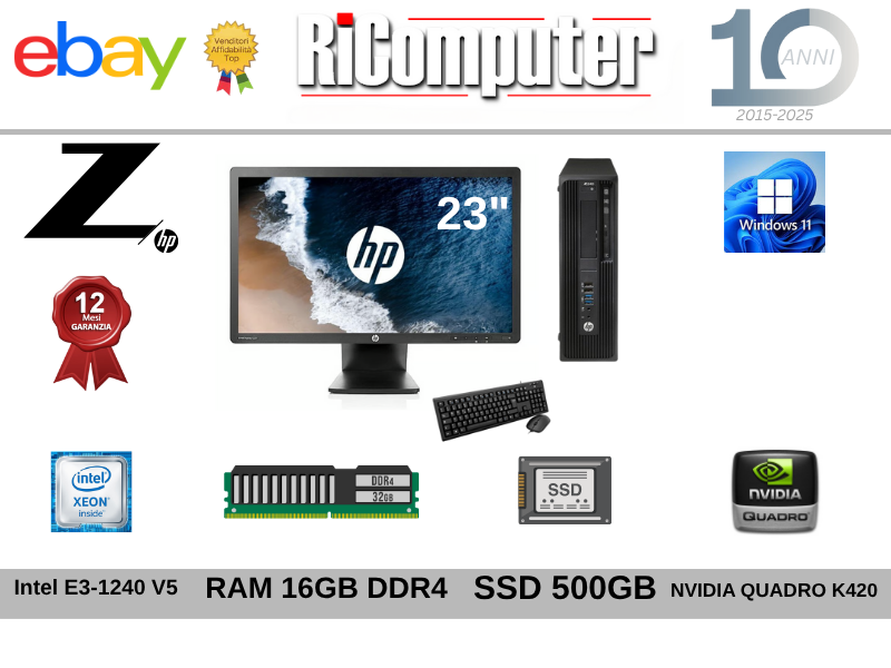 HP Z240 Workstation Intel Xeon E3-1240 v5 RAM 16GB SSD Quadro Monitor 23