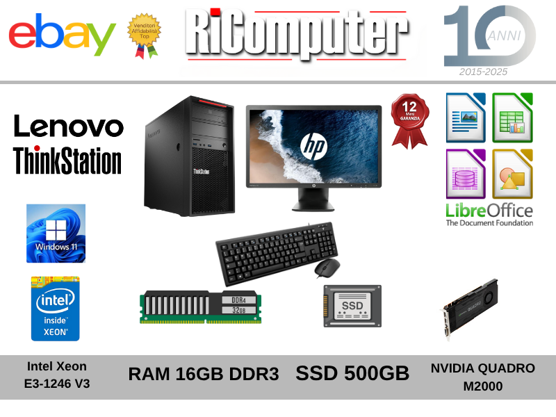 Postazione Lenovo P300 Xeon Ram 16GB RAM SSD Nvidia Quadro Monitor 23 Win 11