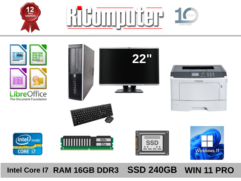 Postazione PC I7 Ram 16GB SSD Monitor 22 + Stampante Lexmark RICONDIZIONATO