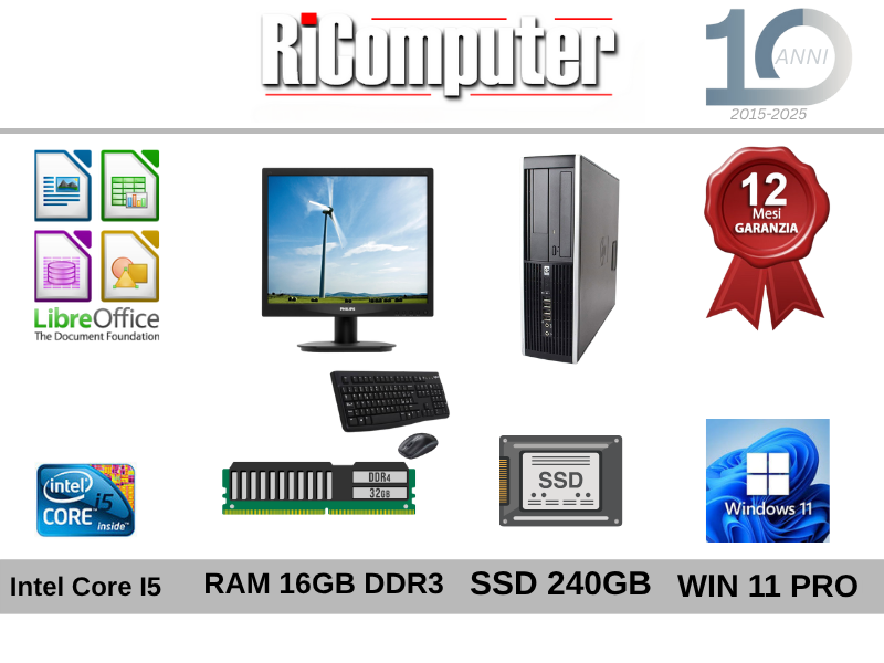Postazione PC I5 RAM 16GB SSD 240GB Monitor 17